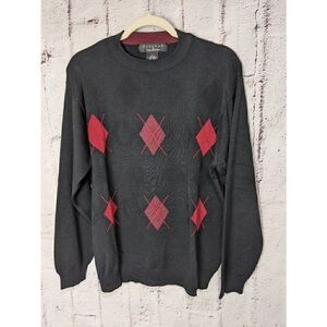 Protege Sweater Men's Large Black w Red Argyle Silk Blend‎ Long Sleeve Preppy